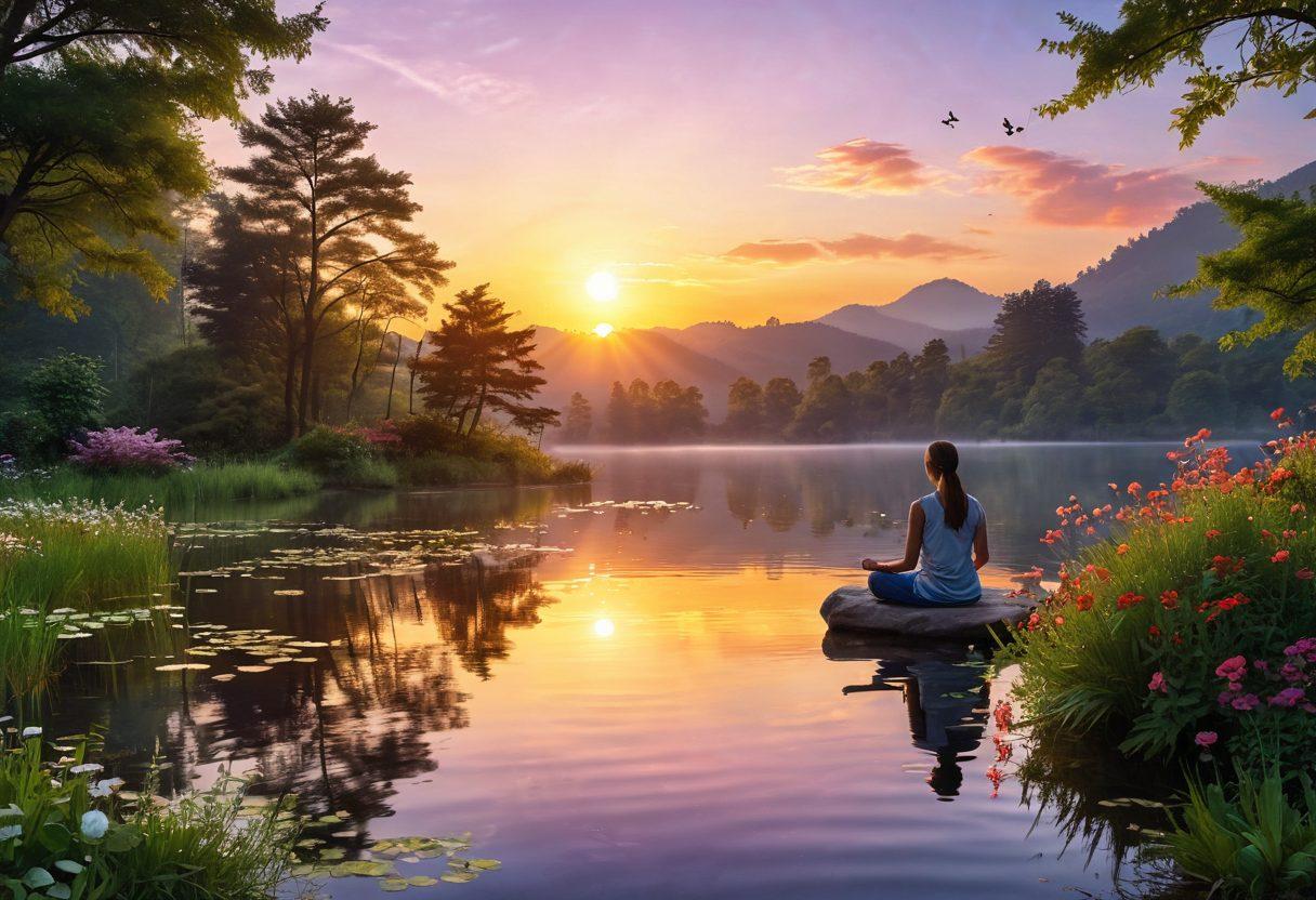 A serene landscape showcasing a radiant sunrise over a tranquil lake, surrounded by lush greenery and blooming flowers. A person is joyfully meditating on the shore, radiating positive energy with bright light emanating from them. Subtle symbols of happiness like butterflies and smiley faces can be seen in the air around them. The atmosphere is filled with vibrant colors and a sense of peace and tranquility. super-realistic. vibrant colors. peaceful ambiance.