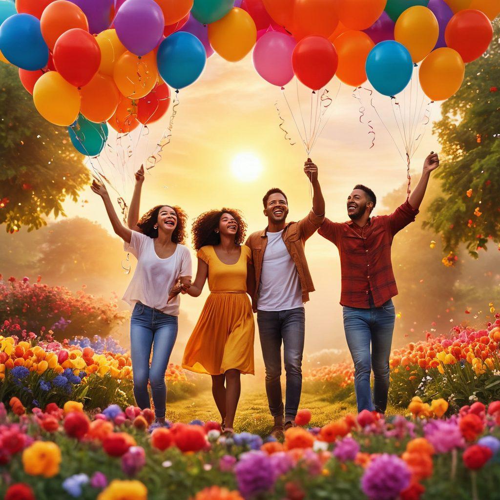 A vibrant sunrise illuminating a diverse group of jubilant people sharing laughter and joy, surrounded by blooming flowers and colorful balloons. Each person represents different cultures and backgrounds, showcasing unity in happiness. The scene exudes warmth and positivity, inspiring viewers to seek daily joy. super-realistic. bright colors. uplifting atmosphere.
