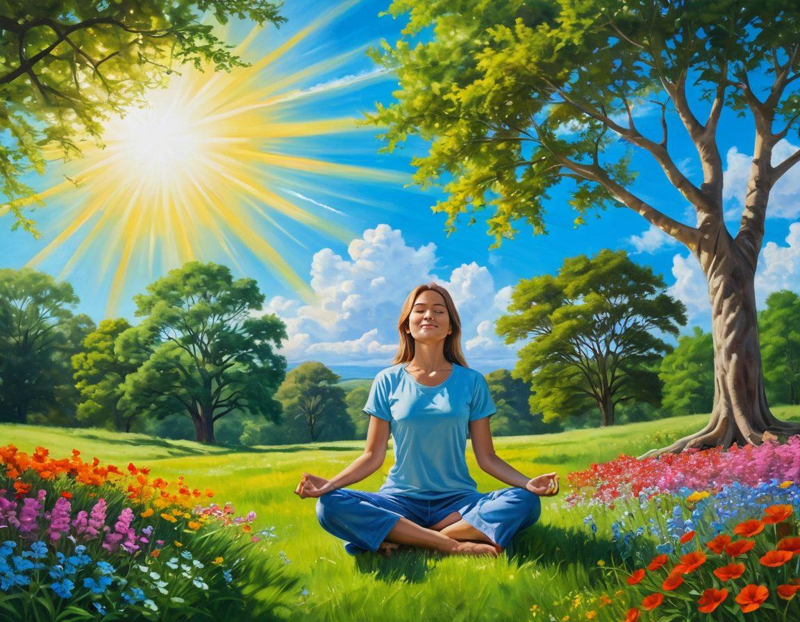 A serene landscape featuring a person meditating in a lush green field, surrounded by colorful flowers and bright sunlight filtering through the trees. Symbols of happiness like smiling faces, sunbursts, and hearts gently floating in the air, creating a peaceful atmosphere. Include a clear blue sky and soft, fluffy clouds. painting. vibrant colors.